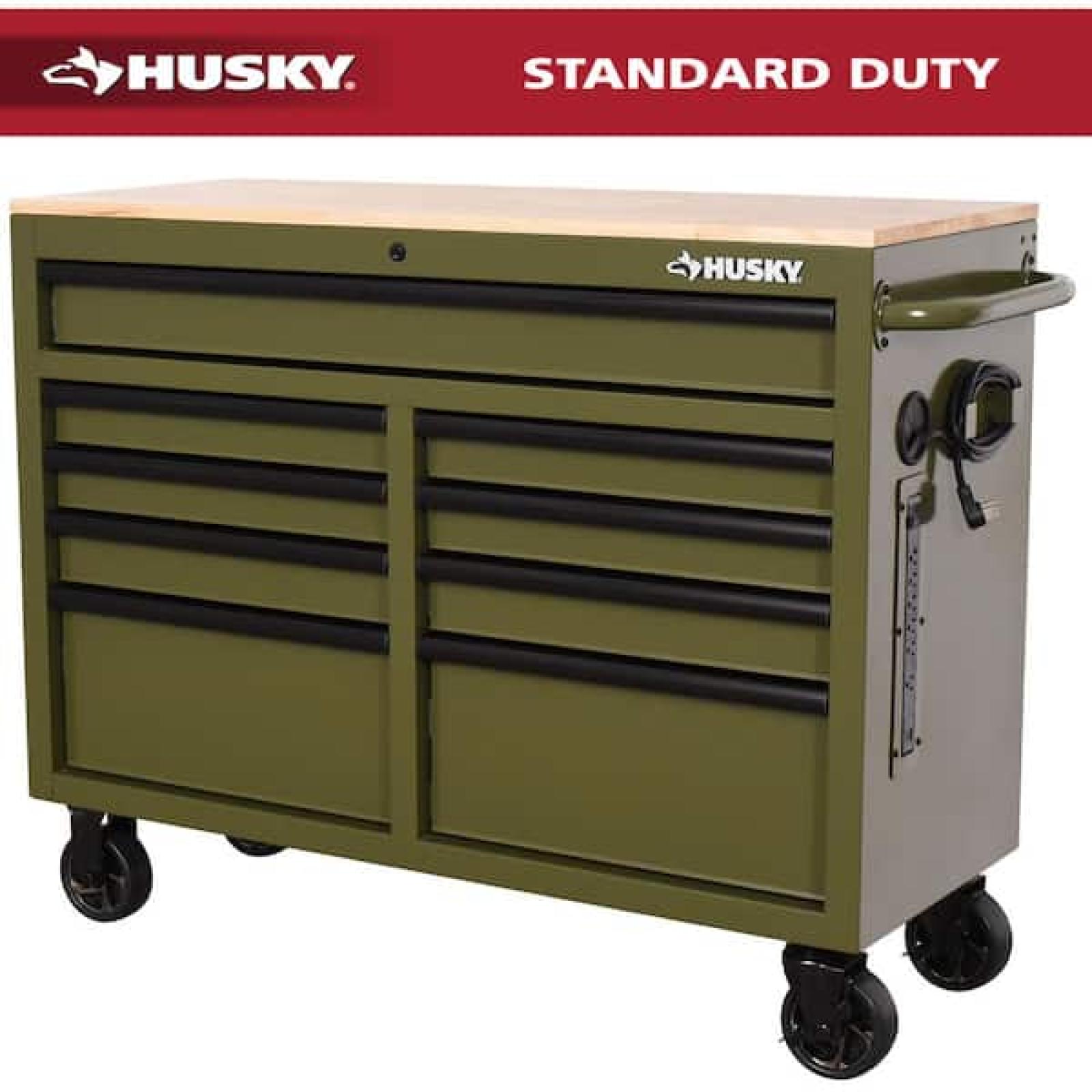 Phoenix NEW Husky 46 in. W x 18.1 in. D 9-Drawer Army Green Mobile Workbench Cabinet with Solid Wood Top