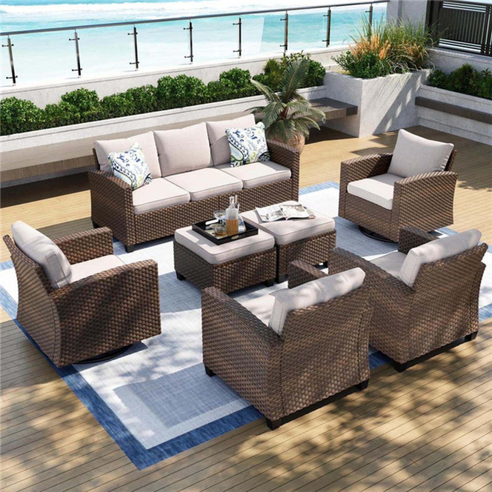 Phoenix PHI VILLA Brown Rattan Wicker 9 Seat 7-Piece Steel Patio Outdoor Sectional Set with Beige Cushions 2 Swivel Chairs 2 Ottomans