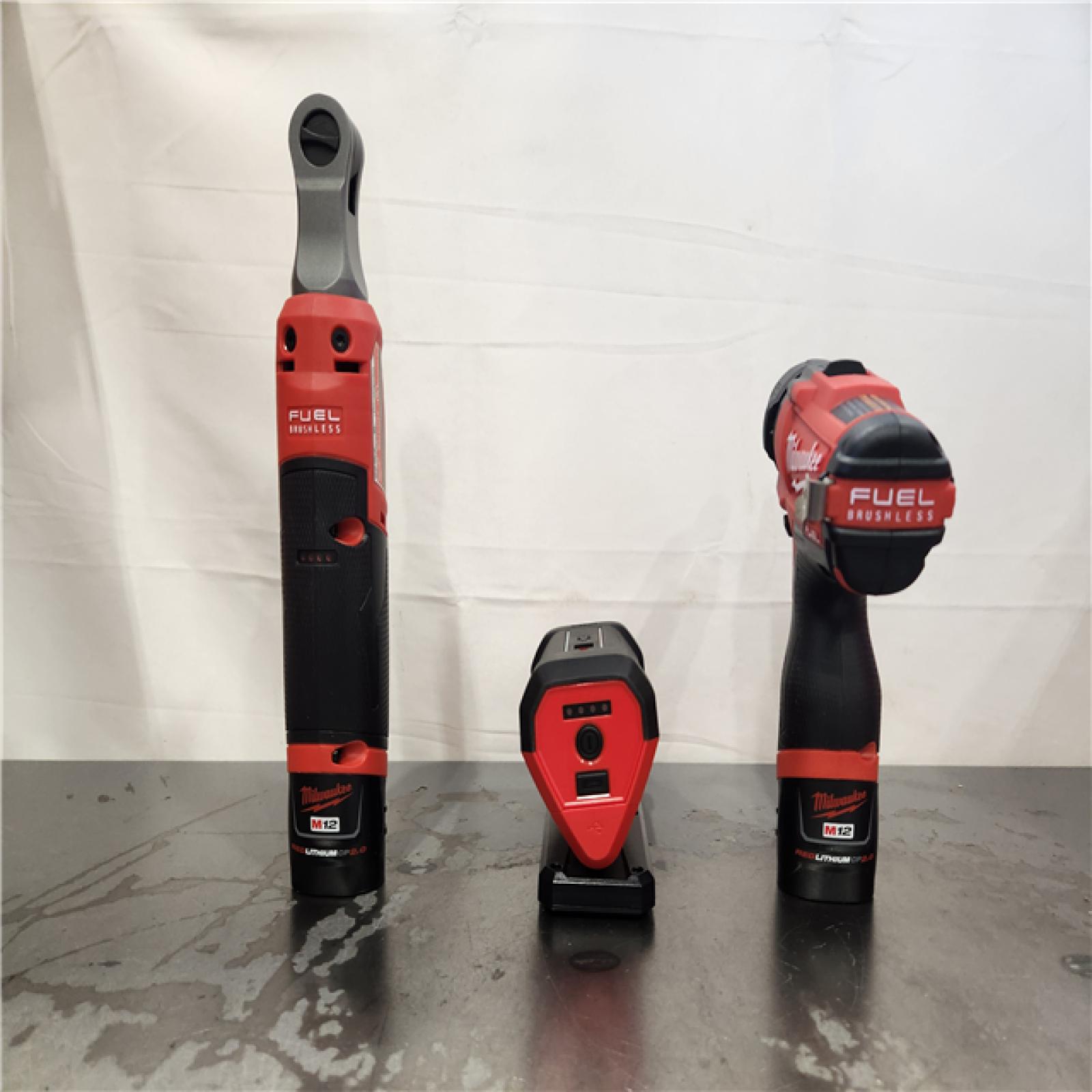 AS-IS- M12 12V Lithium-Ion Cordless Screwdriver  3/8 in. High Speed Ratchet  Light Combo Kit (3-Tool) W/ 2 Batteries & Charger