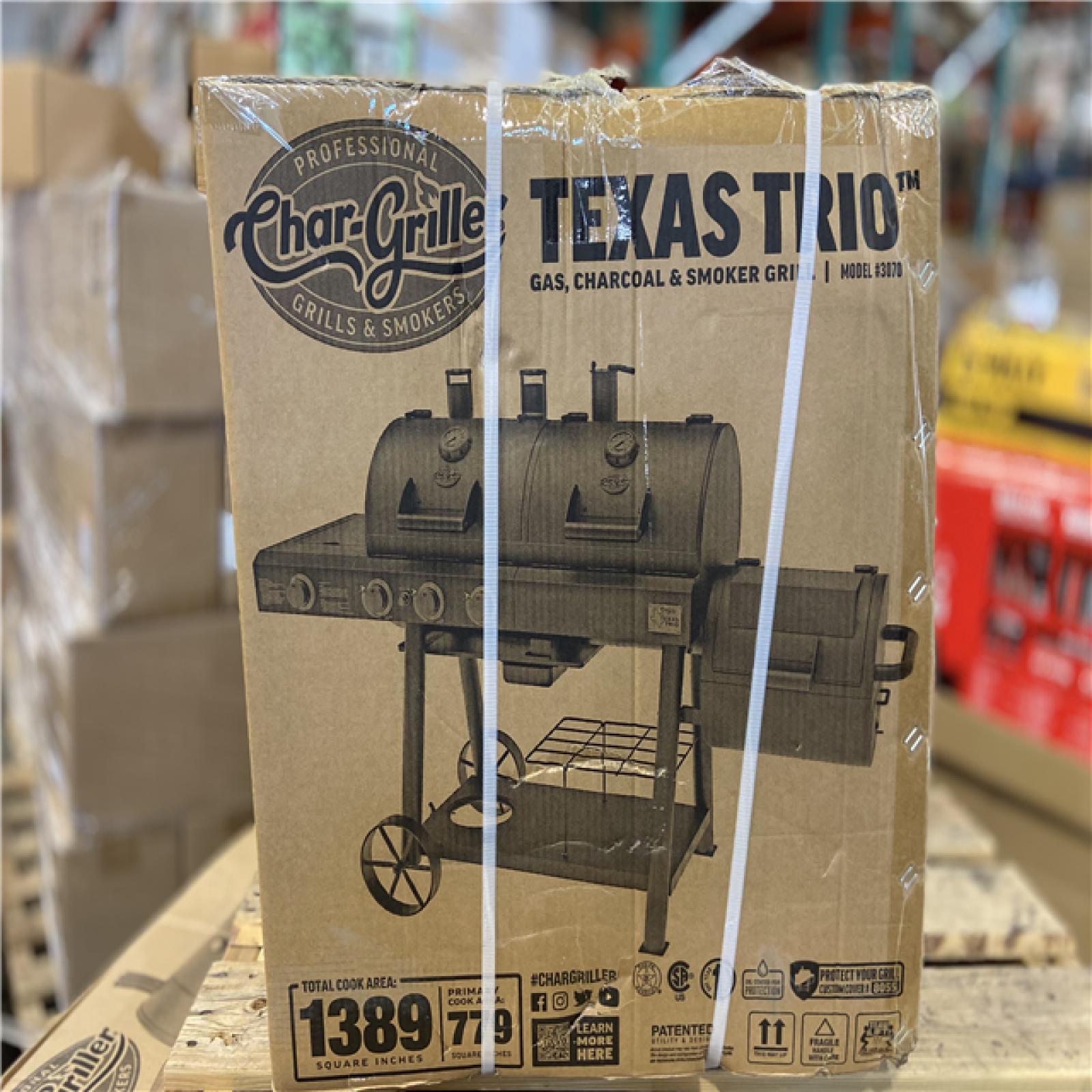 DALLAS LOCATION - Char-Griller Texas Trio 4-Burner Dual Fuel Grill with Smoker in Black