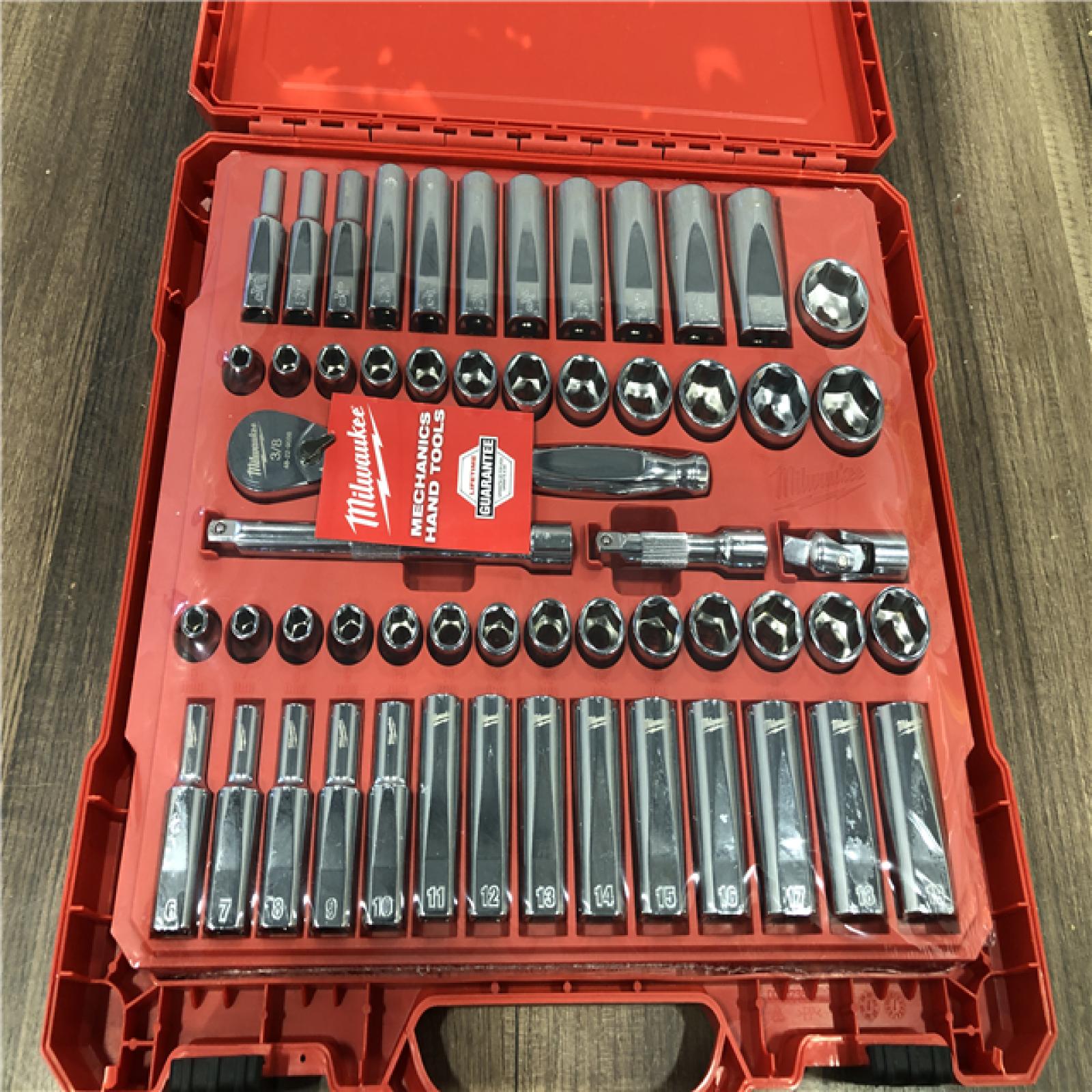 AS-IS Milwaukee 3/8 in. Drive SAE/Metric Ratchet and Socket Mechanics Tool Set (56-Piece)