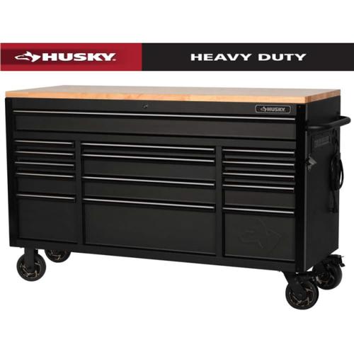 Phoenix AS-IS Husky 61 in. W x 23 in. D Heavy Duty 15-Drawer Mobile Workbench Tool Chest with Solid Wood Top in Matte Black