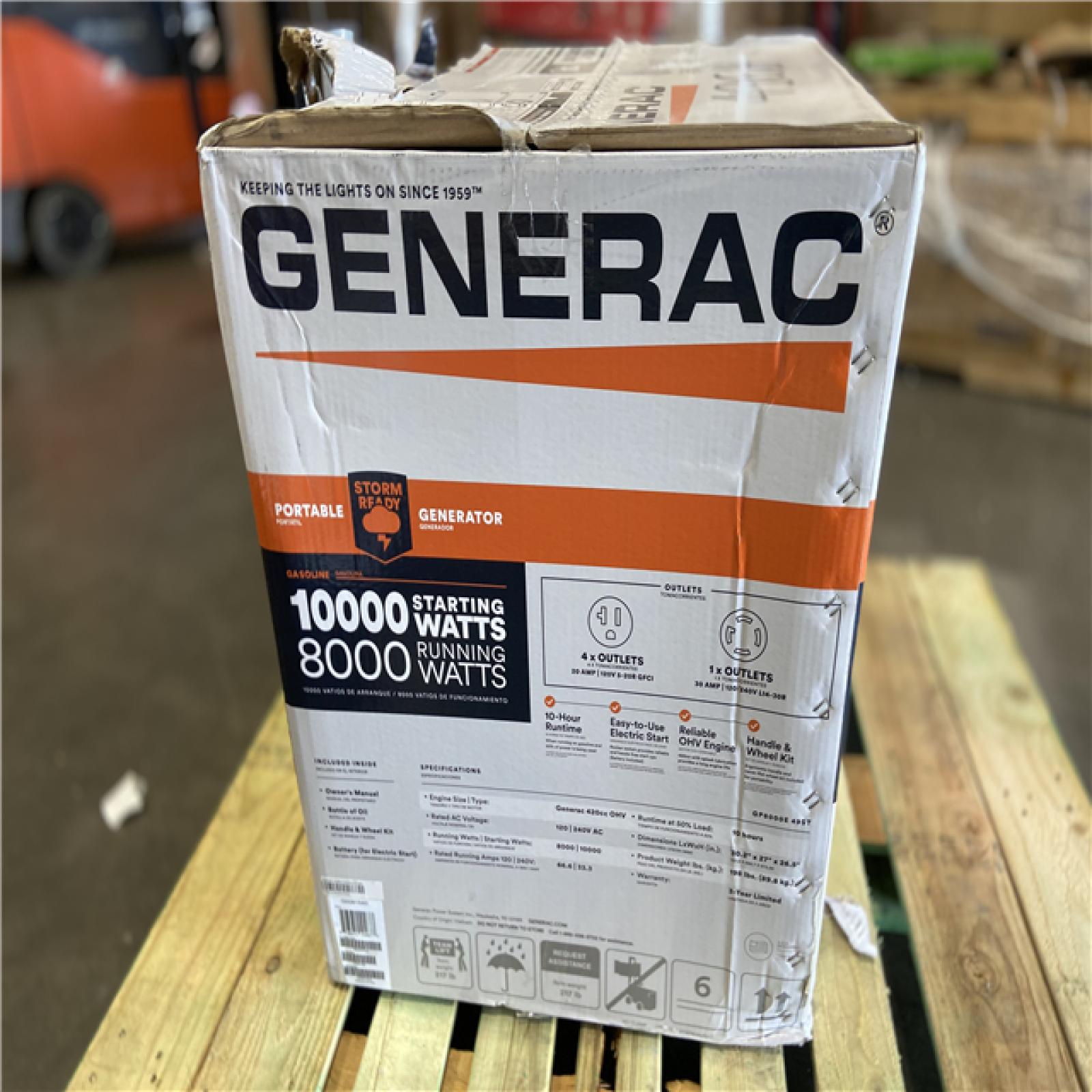 DALLAS LOCATION - Generac 10000 / 8000-Watt Electric Start Gasoline Powered Portable Generator w/ COSense and 3 ft. Adapter Cord Included-GP8000E
