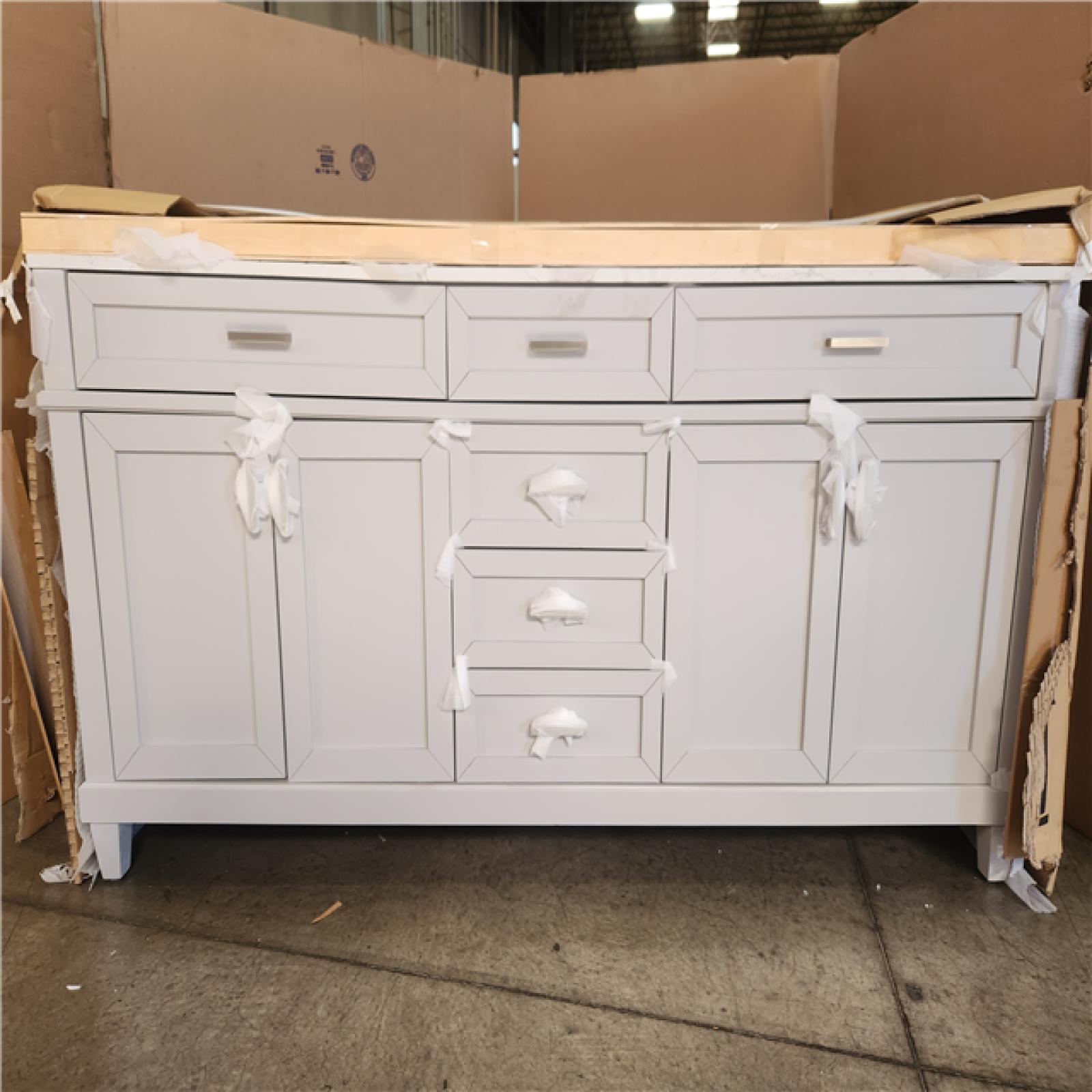 Phoenix AS-IS Home Decorators Collection Talmore 72 in. Double Sink Sky Grey Bath Vanity with White Engineered Carrara Marble Top (Assembled) (Cracked Top)