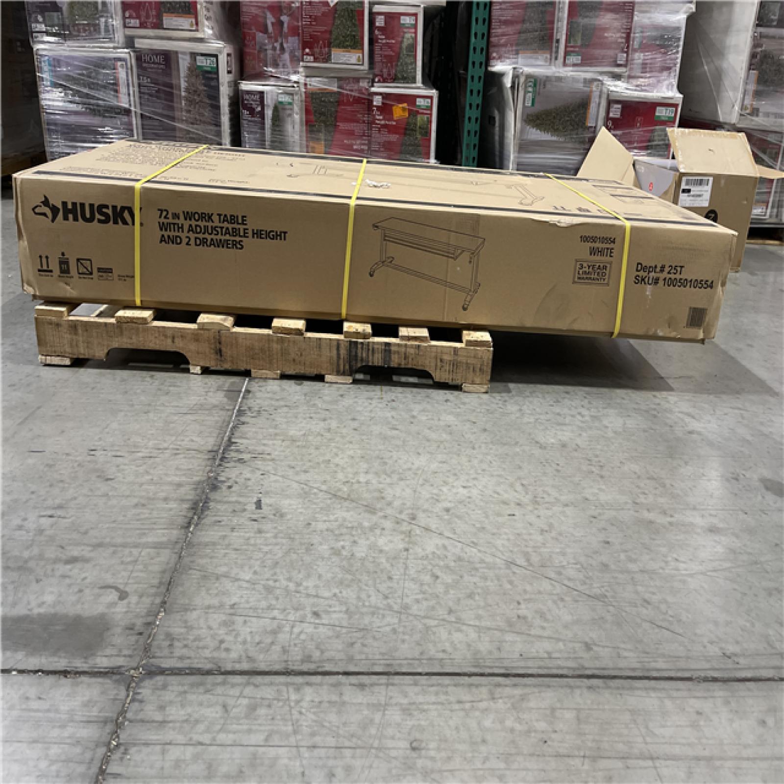 DALLAS LOCATION - Husky 72 in. W x 24 in. D 2-Drawer Adjustable Height White Worktable with Solid Wood Top