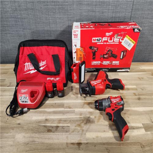 HOUSTON LOCATION - AS-IS (APPEARS LIKE NEW) M12 FUEL 12-Volt Li-Ion Brushless Cordless Hammer Drill Combo Kit, Reciprocating Saw, Flood Light W/2 Batteries (3-Tool)