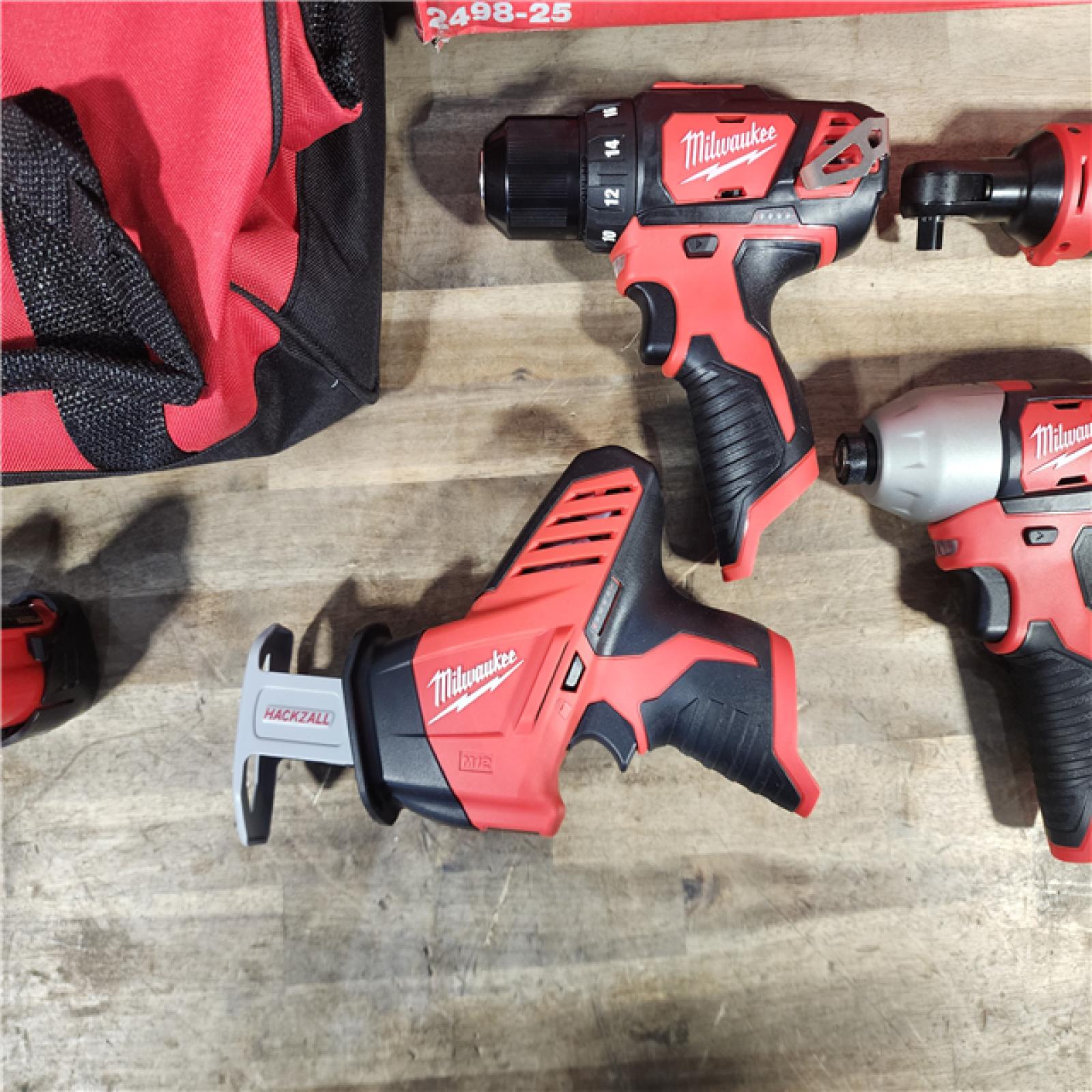 HOUSTON LOCATION - AS-IS (APPEARS LIKE NEW) MILWAUKEE M12 12V Lithium-Ion Cordless Combo Kit (5-Tool) with Two 1.5Ah Batteries, Charger & Tool Bag