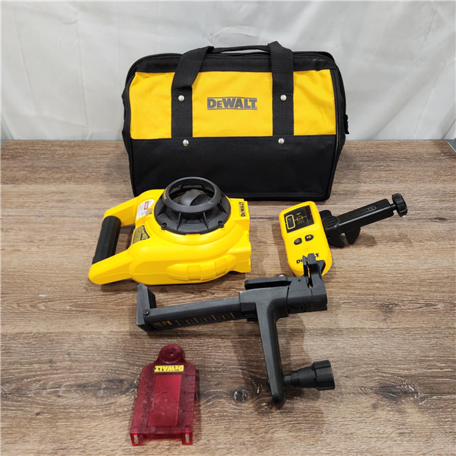 AS-IS Dewalt 150 ft. Red Self-Leveling Rotary Laser Level with Detector & Clamp, Wall Mount, Remote, Bag, (2) D & (1) 9-Volt battery