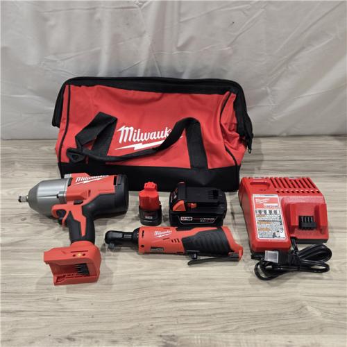 AS-IS Milwaukee M12/M18 12/18V Cordless 3/8 in. Ratchet and 1/2 in. High Torque Impact Wrench Kit