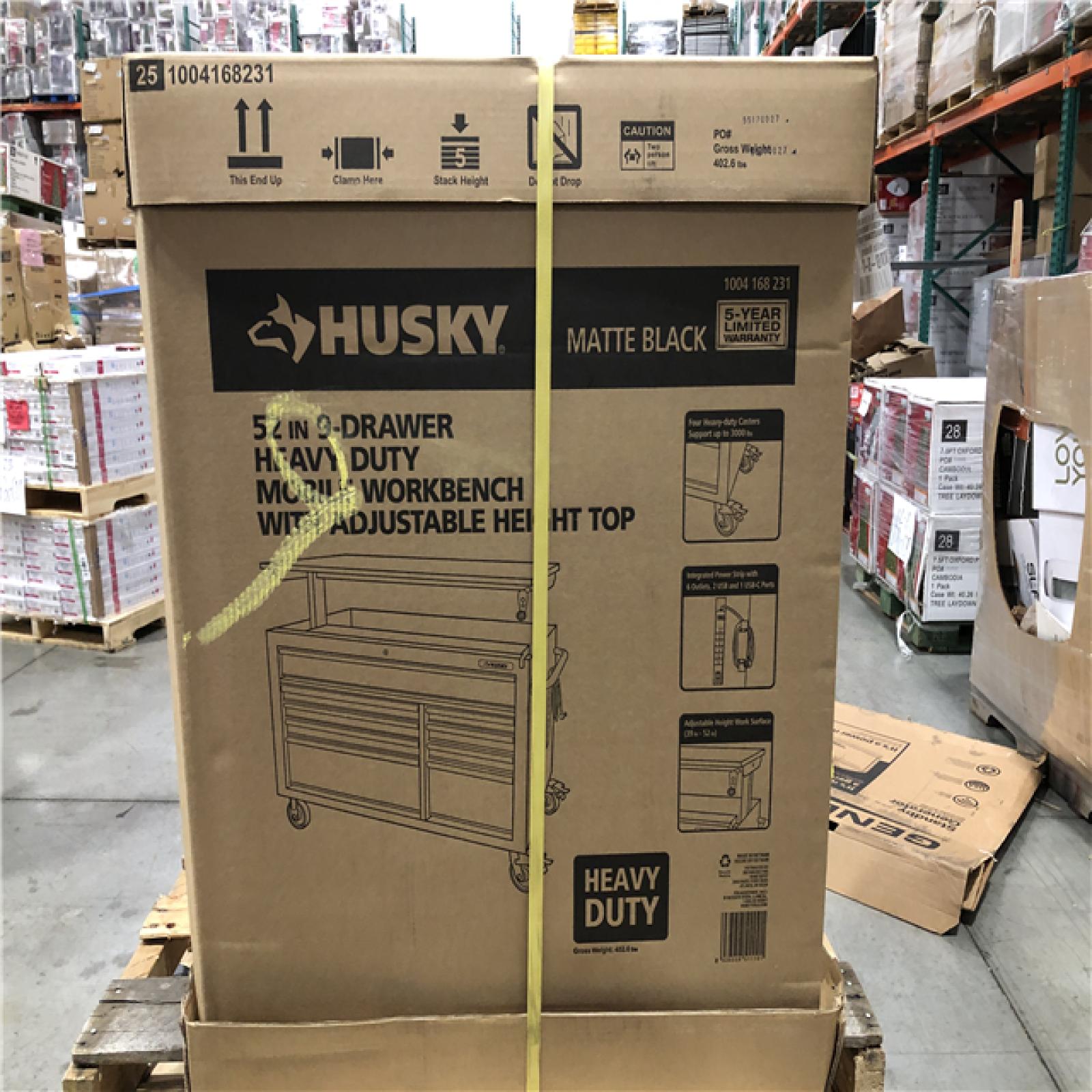 DALLAS LOCATION - Husky 52 in. W x 25 in. D Heavy Duty 9-Drawer Mobile Workbench Cabinet with Adjustable-Height Hardwood Top in Matte Black