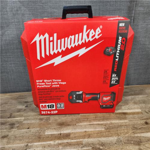 HOUSTON LOCATION - AS-IS (NEW) Milwaukee-2674-22P M18 Short Throw Press Tool Kit W/ Viega PureFlow Jaws