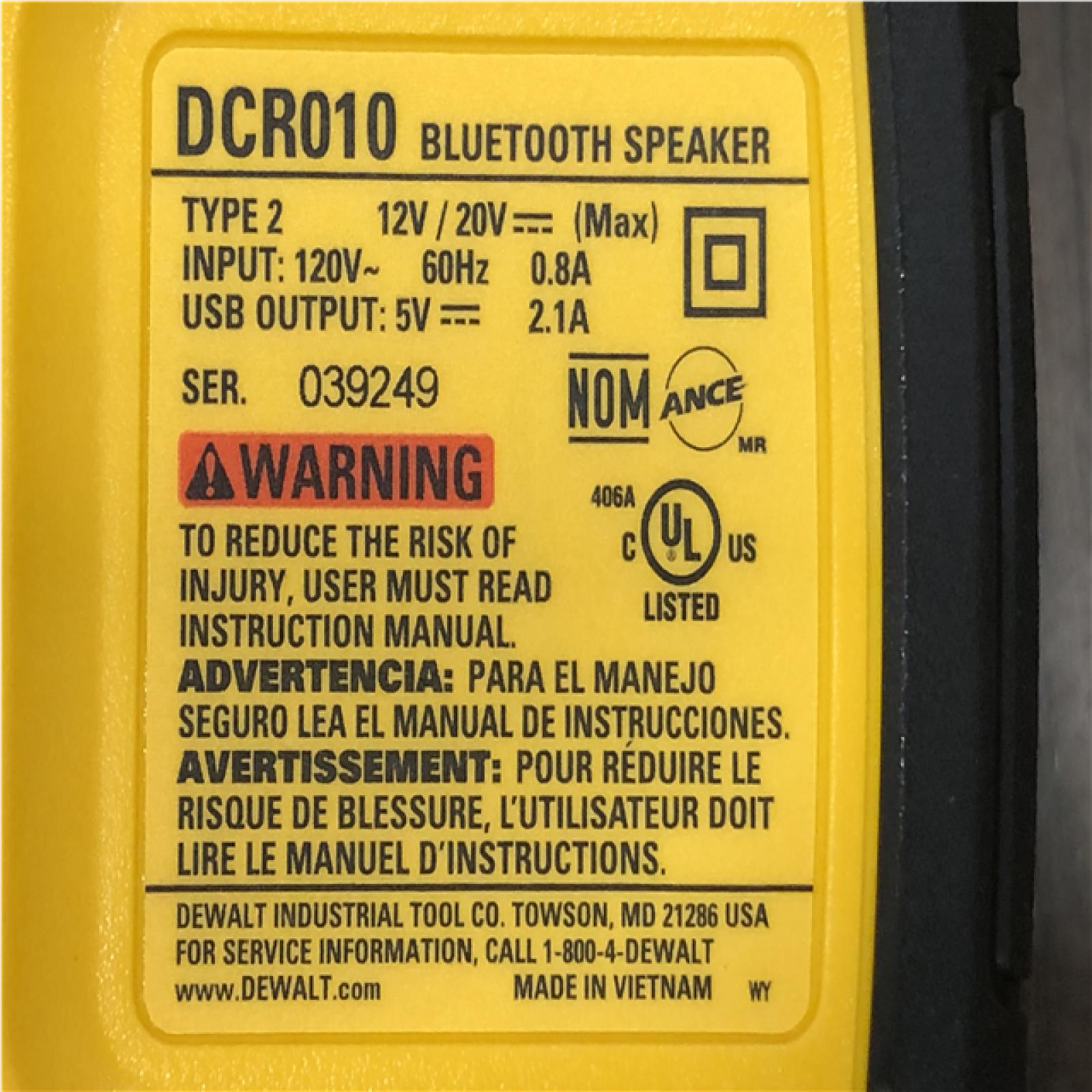 AS-IS DEWALT 20V MAX Cordless Bluetooth Speaker (Tool Only)