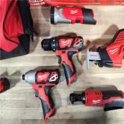 HOUSTON LOCATION - AS-IS (APPEARS LIKE NEW) MILWAUKEE M12 12V Lithium-Ion Cordless Combo Kit (5-Tool) with Two 1.5Ah Batteries, Charger & Tool Bag