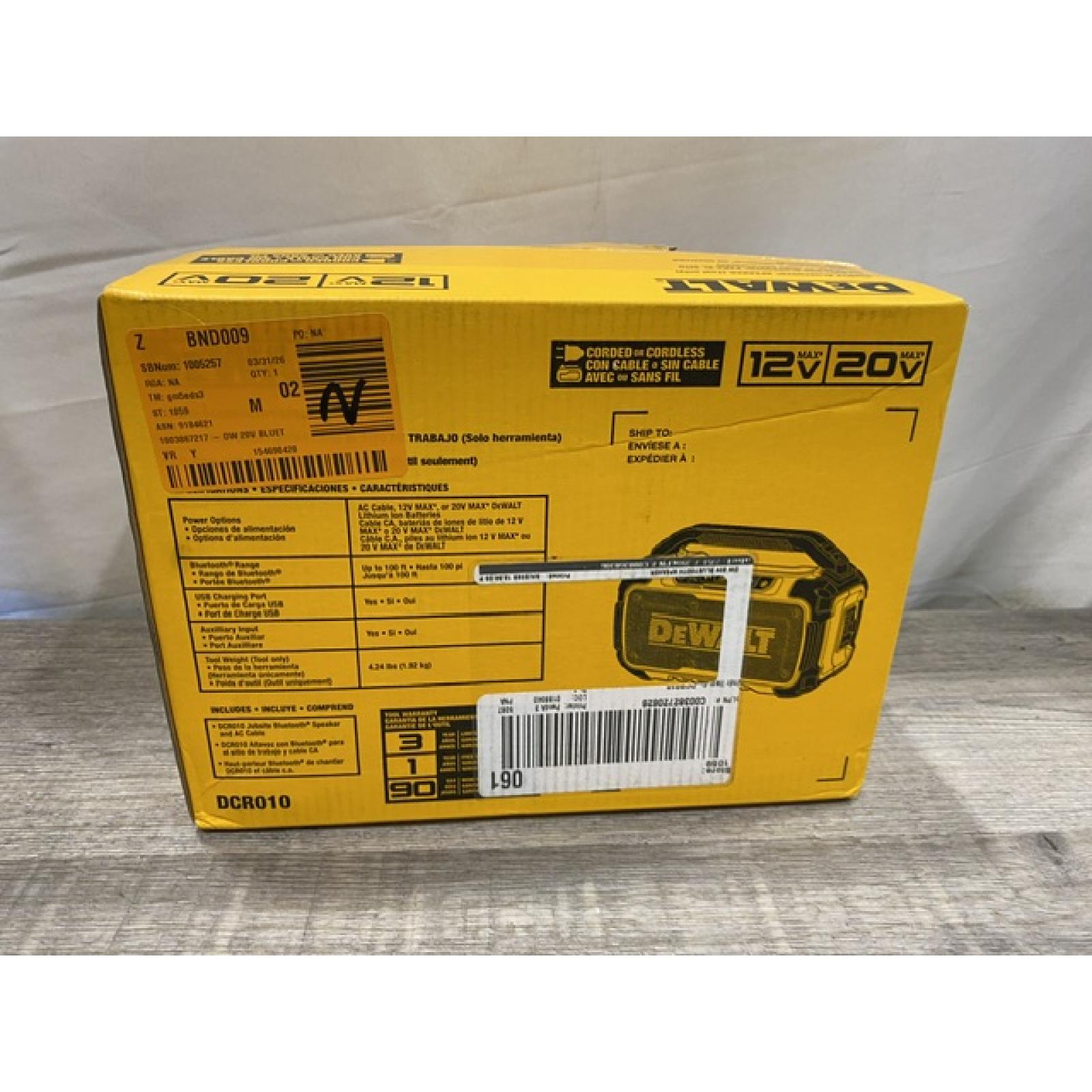NEW - DEWALT 20V MAX Cordless Bluetooth Speaker (Tool Only)