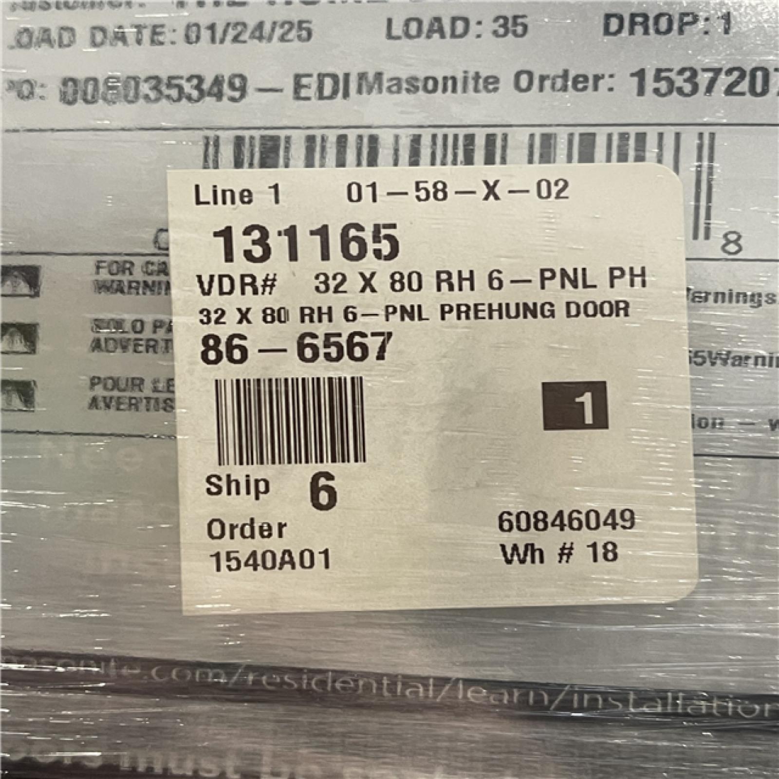 DALLAS LOCATION - Masonite 32 In. X 80 In. X 4-9/16 In. Primed 6-Panel Hollow Core Single Prehung Interior Door Right Hand PALLET-(6 UNITS)