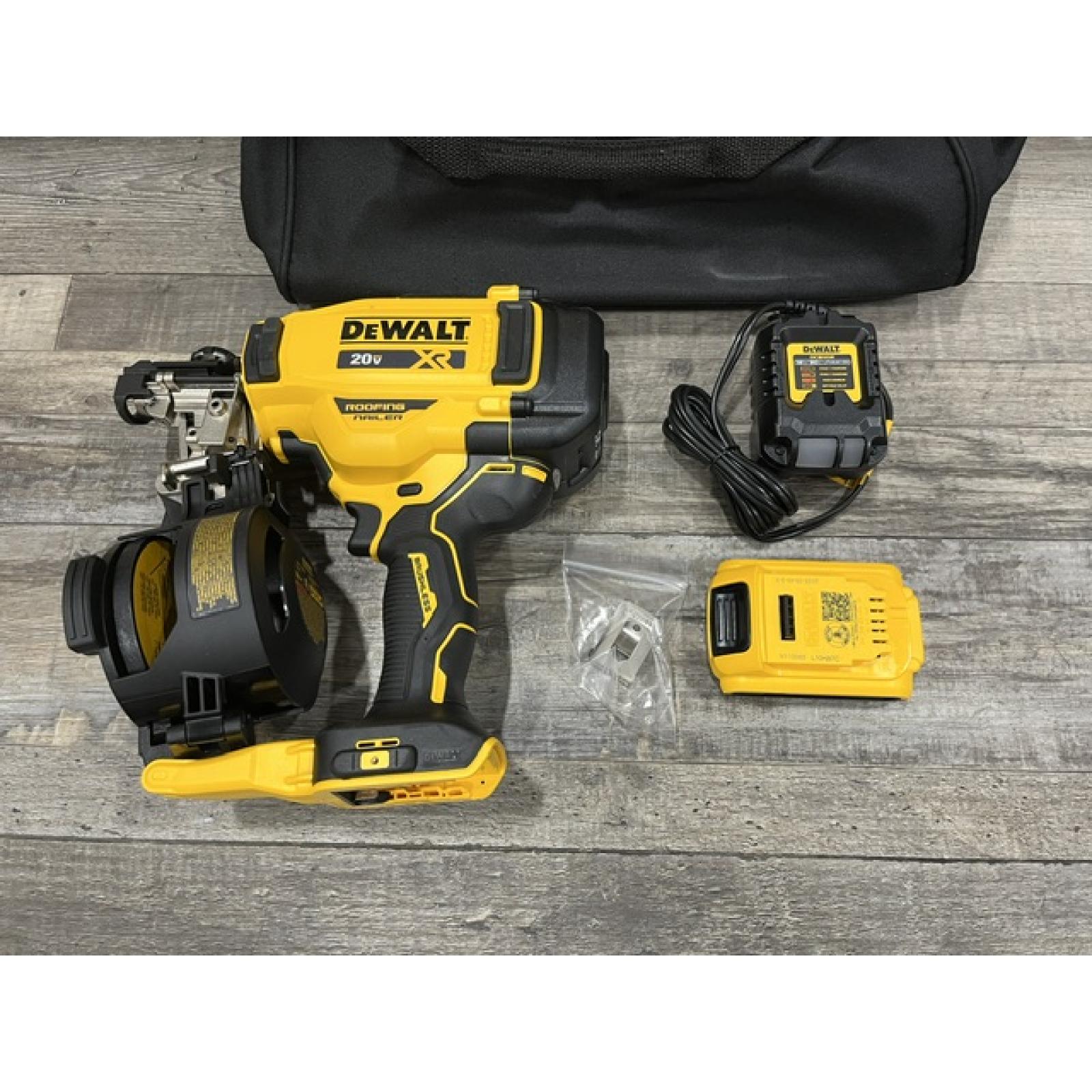 AS-IS DEWALT 20V MAX Lithium-Ion 15-Degree Electric Cordless Roofing Nailer Kit