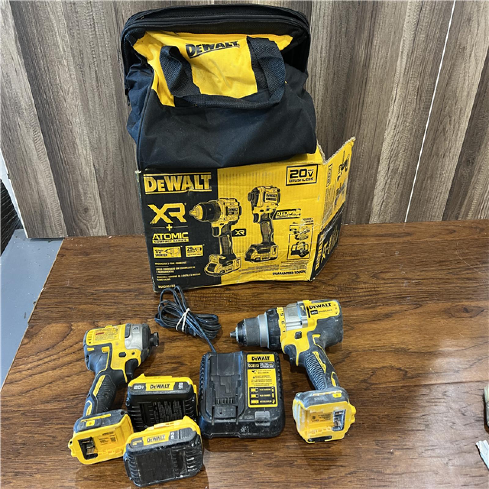 AS-IS DEWALT 20V MAX XR Cordless Drill/Driver, ATOMIC Impact Driver 2 Tool Combo Kit, (2) 2.0Ah Batteries, Charger, and Bag