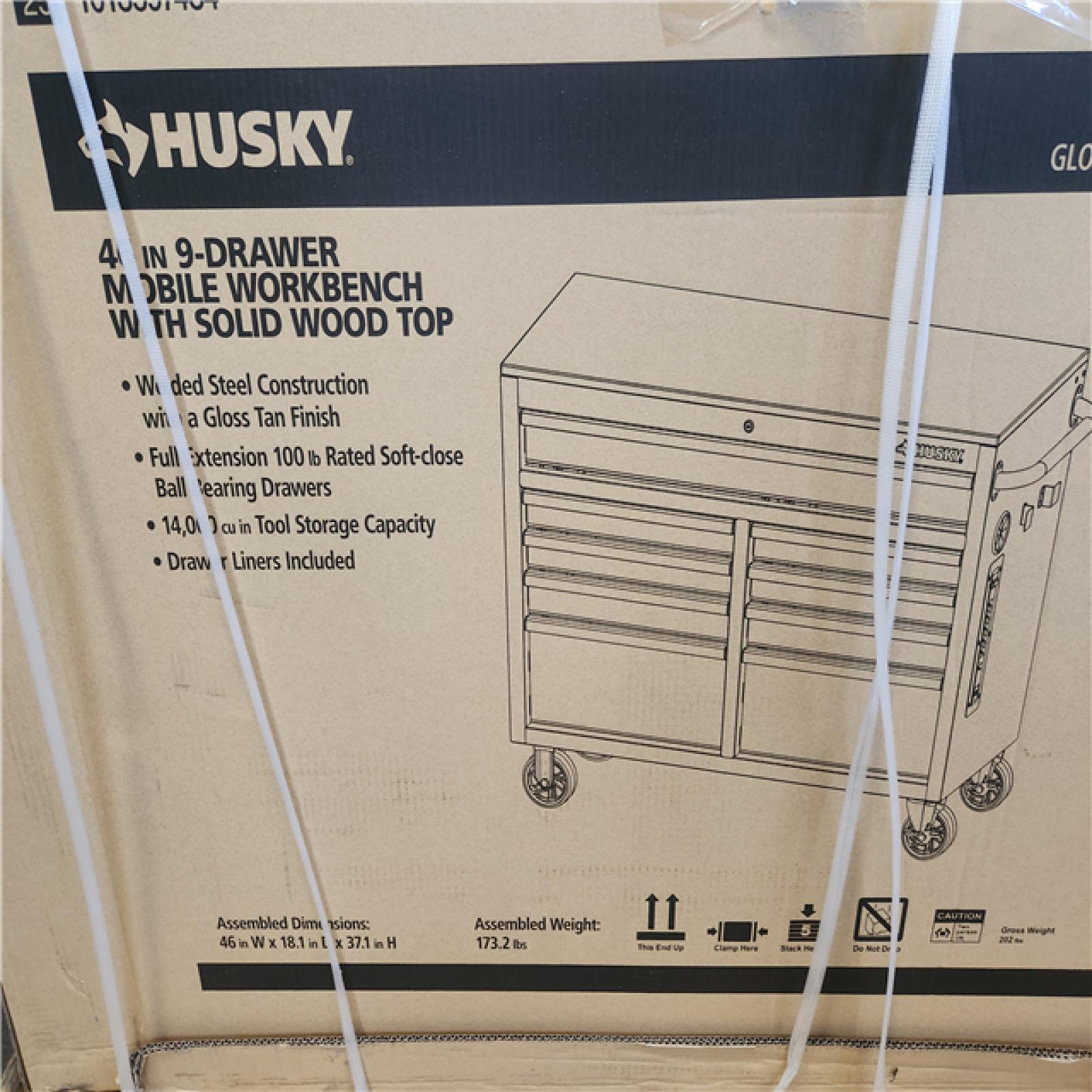 Phoenix LIKE NEW Husky Standard Duty 46 in. W x 18 in. D 9-Drawer Gloss Tan Mobile Workbench Cabinet with Solid Wood Top