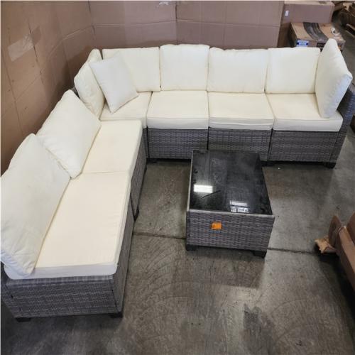 Phoenix JUSKYS GUKOO Gray 7-Piece Wicker Metal Frame Sofa Seating Group with White Cushions and Coffee Table