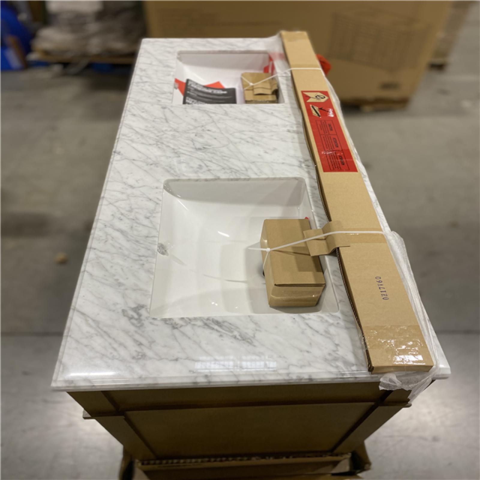 DALLAS LOCATION - Home Decorators Collection Caville 60 in. Double Sink Almond Latte Bath Vanity with Carrara Marble Top and Integrated Power Outlet (Assembled)
