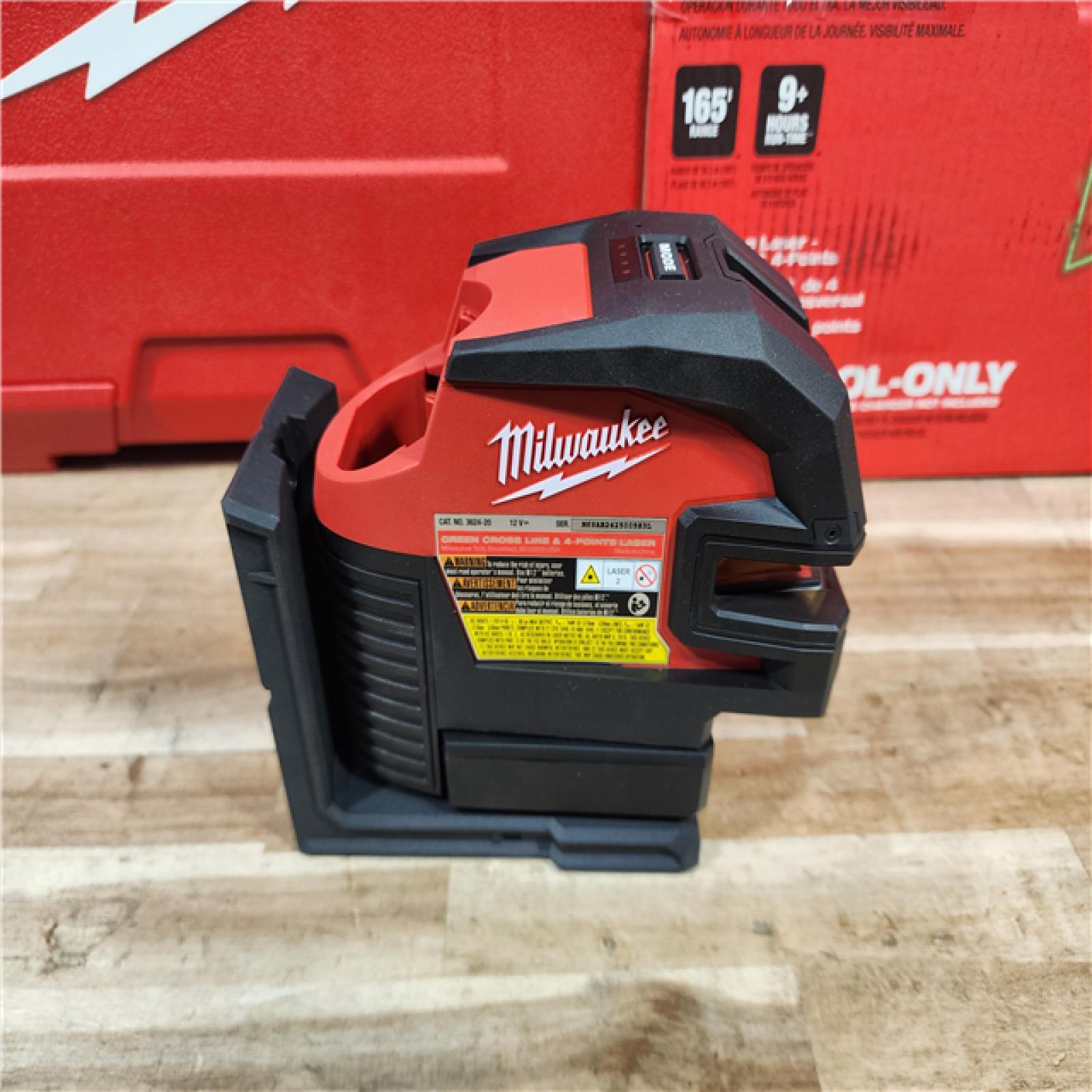 HOUSTON LOCATION - AS-IS (APPEARS LIKE NEW) Milwaukee 3624-20 12V M12 Lithium-Ion Cordless USB Rechargeable Green Beam Cross Line & 4-Points Laser