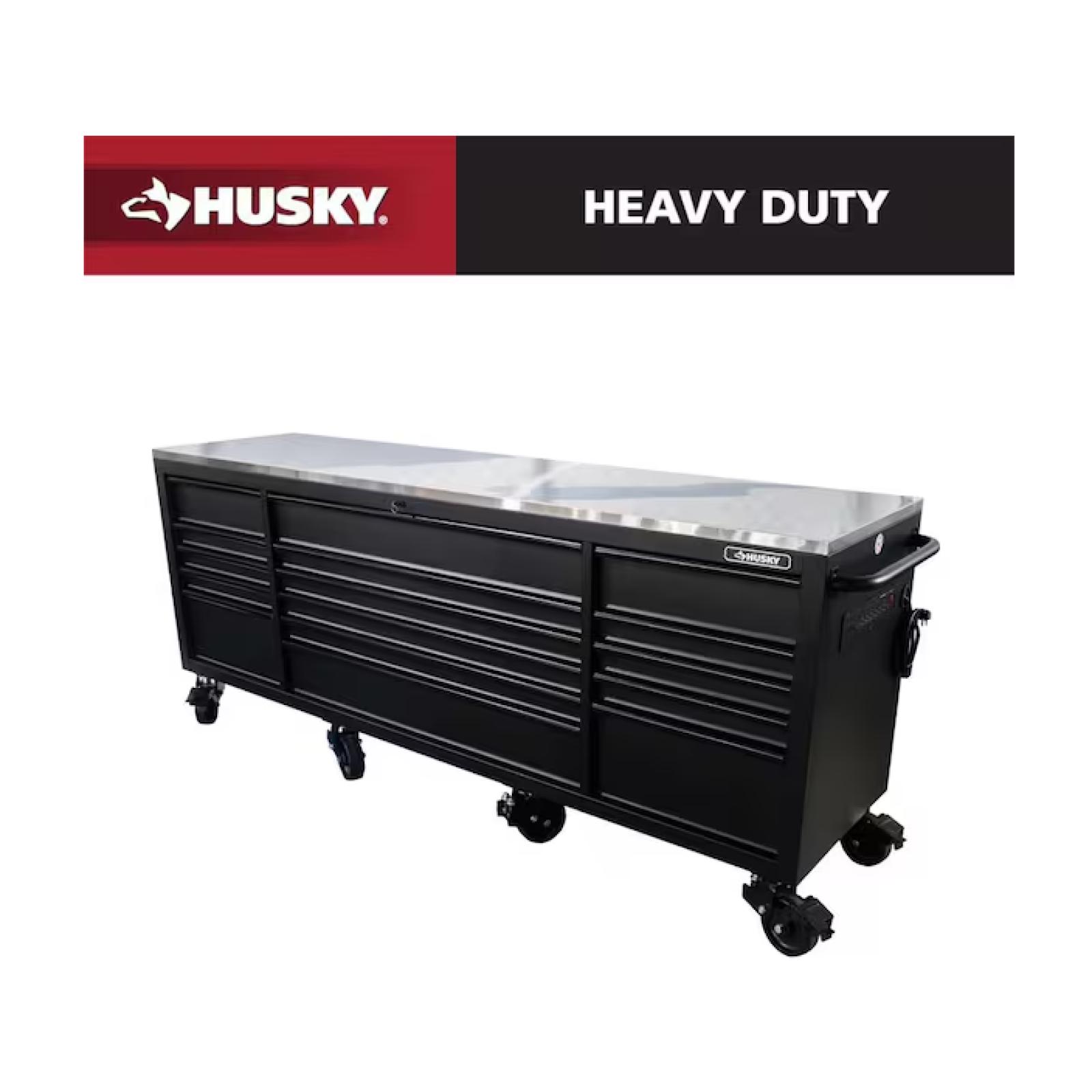 DALLAS LOCATION - Husky 96 in. W x 24 in. D 16-Drawer Heavy-Duty Mobile Workbench with Stainless Steel Top in Matte Black
