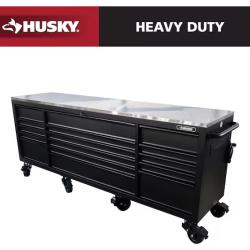 DALLAS LOCATION - Husky 96 in. W x 24 in. D 16-Drawer Heavy-Duty Mobile Workbench with Stainless Steel Top in Matte Black