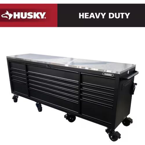 DALLAS LOCATION - Husky 96 in. W x 24 in. D 16-Drawer Heavy-Duty Mobile Workbench with Stainless Steel Top in Matte Black