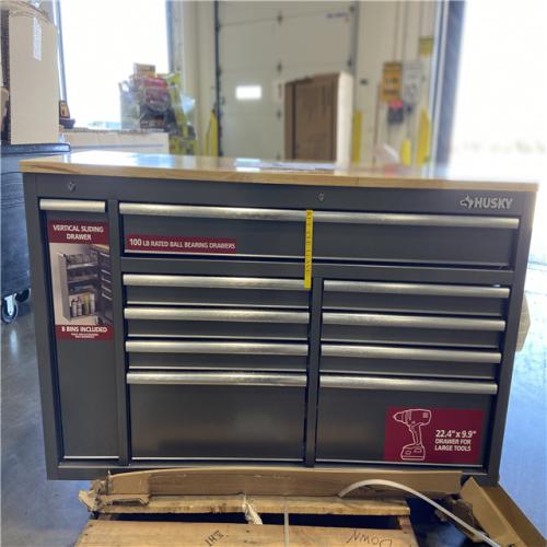 DALLAS LOCATION -Husky 61 in. W x 24 in. D Standard Duty 10-Drawer Mobile Workbench Tool Chest with Sliding Bin Storage Drawer in Silver