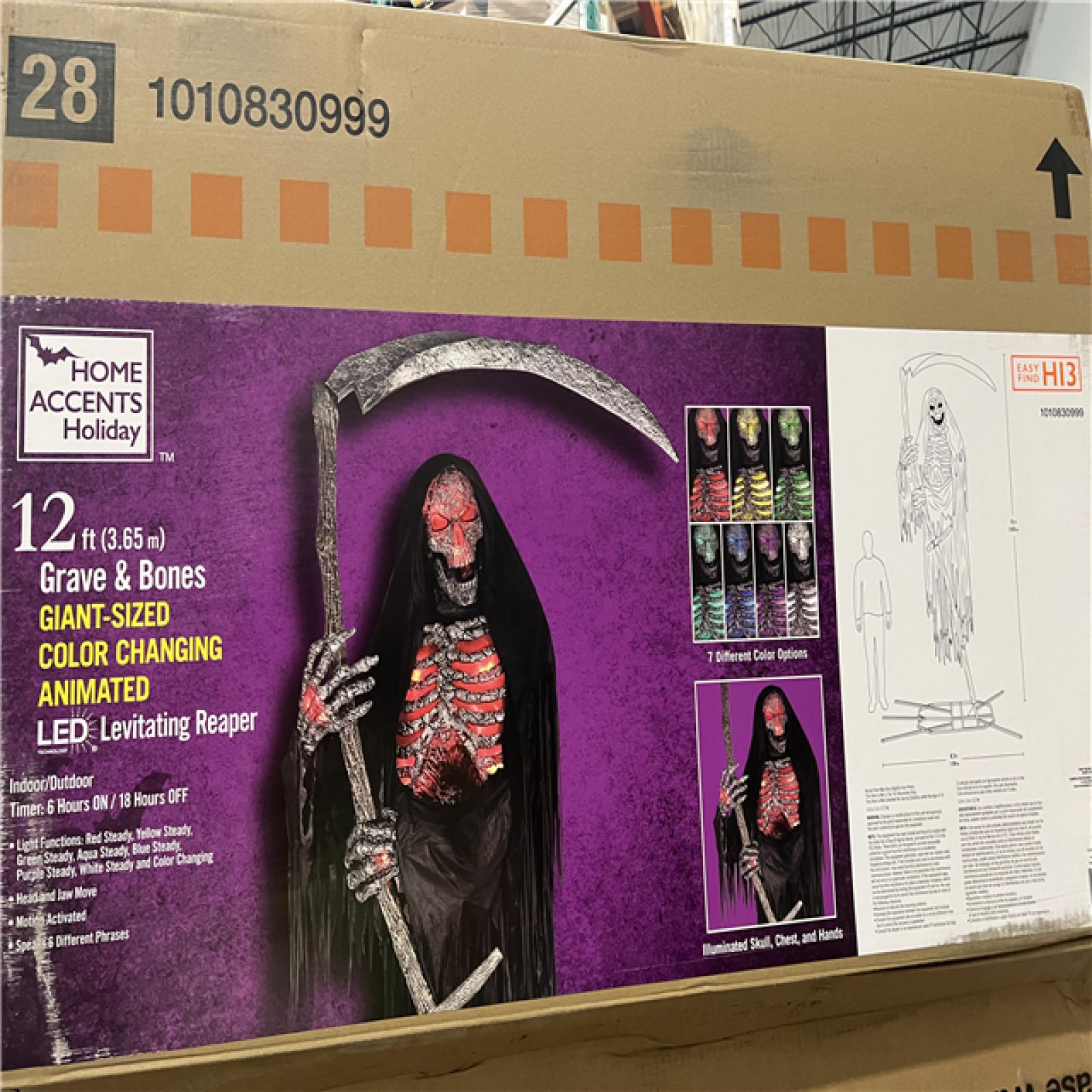 DALLAS LOCATION - AS-IS Home Accents Holiday 12 ft. Grave & Bones Giant-Sized Color Changing Animated LED Levitating Reaper