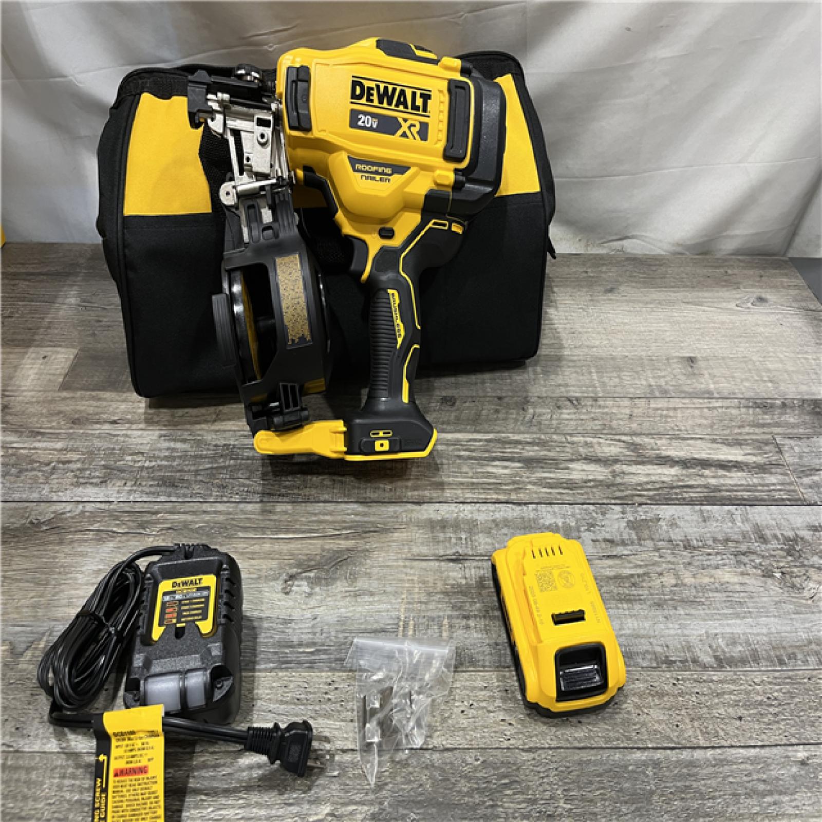 AS-IS DEWALT 20V MAX Lithium-Ion 15-Degree Electric Cordless Roofing Nailer Kit