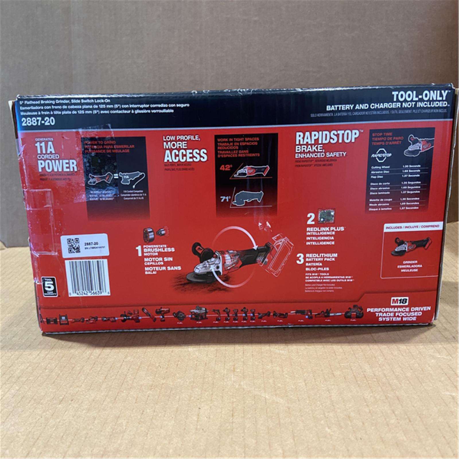 NEW! M18 FUEL 18V Lithium-Ion Brushless Cordless 5 in. Flathead Braking Grinder with Slide Switch Lock-on (Tool-Only)