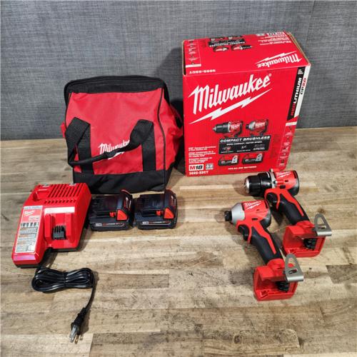 HOUSTON LOCATION - AS-IS Milwaukee M18 18V Lithium-Ion Brushless Cordless Compact Drill/Impact Combo Kit (2-Tool) W/(2) 2.0 Ah Batteries  Charger & Bag