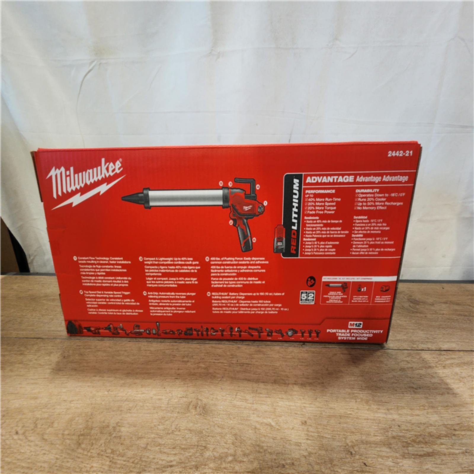 NEW- Milwaukee 12V Lithium-ion Cordless 20 oz. Aluminum Barrel Adhesive and Caulk Gun Kit