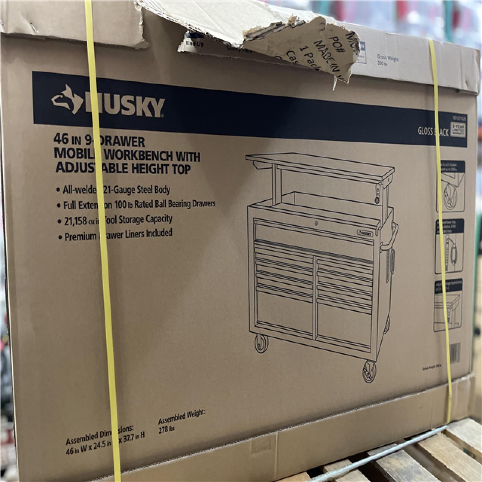 DALLAS LOCATION - Husky 46 in. x 25 in. D 9-Drawer Mobile Workbench with Adjustable Height Wood Top in Gloss Black