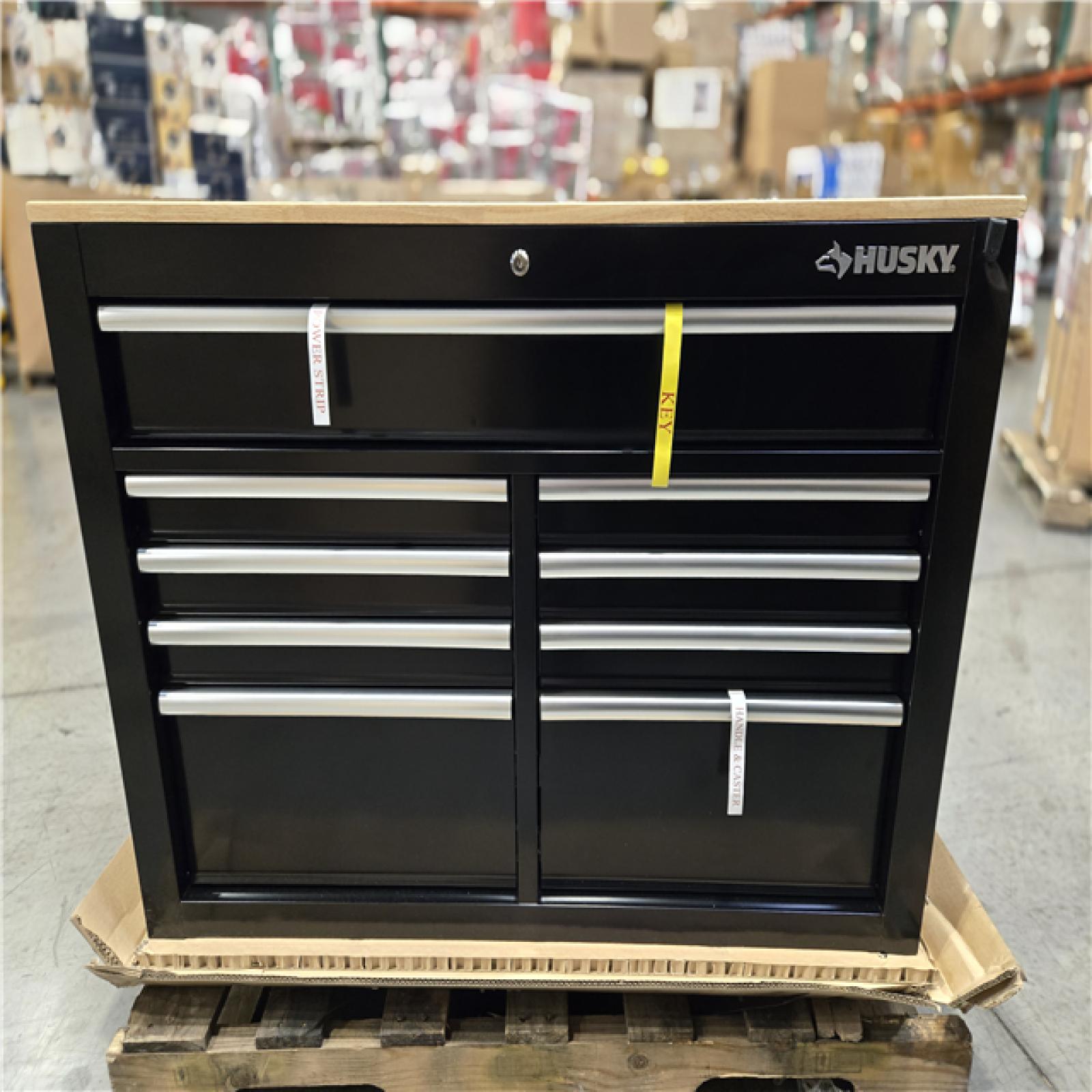 DALLAS LOCATION - Husky 46 in. x 25 in. D 9-Drawer Mobile Workbench with Adjustable Height Wood Top in Gloss Black
