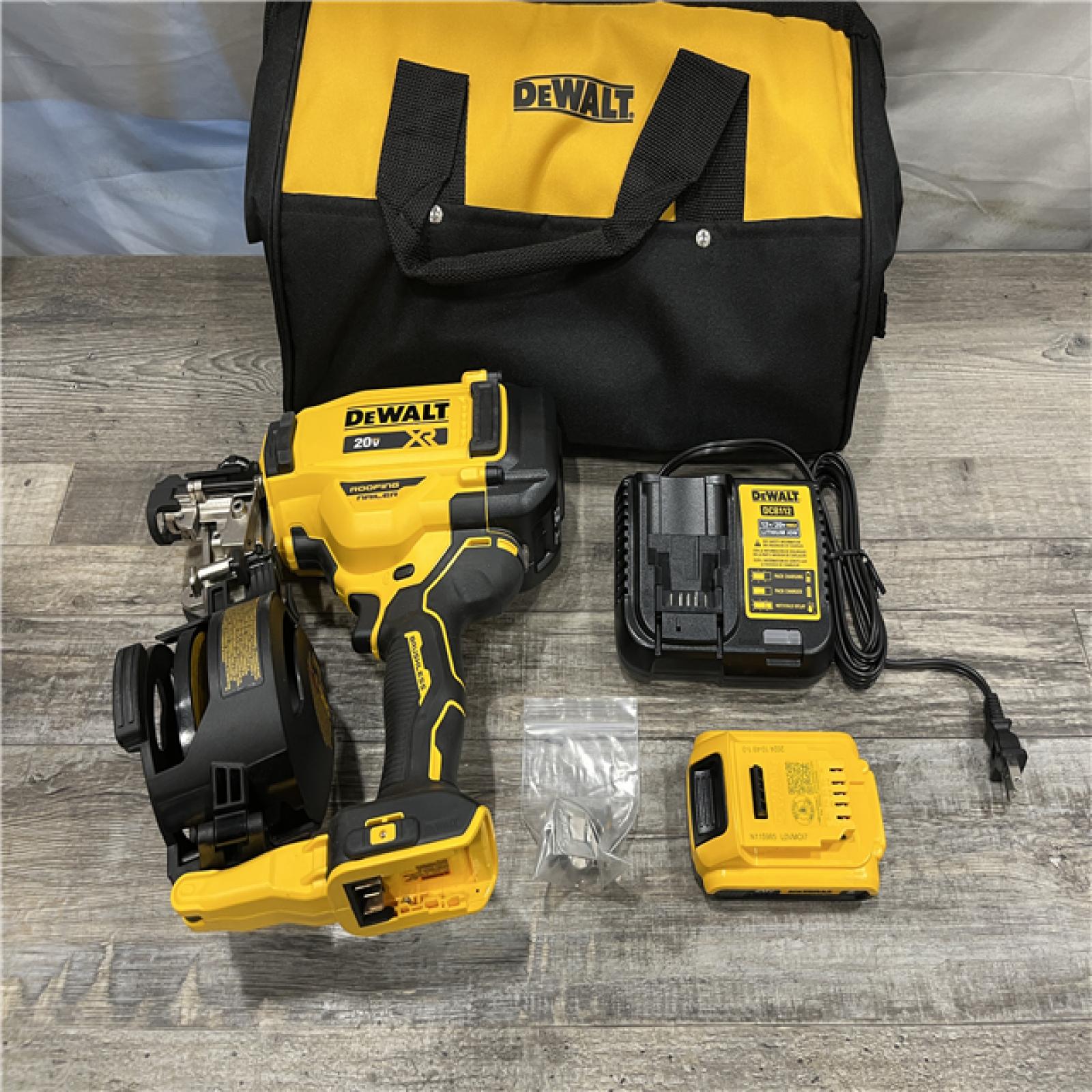 AS-IS DEWALT 20V MAX Lithium-Ion 15-Degree Electric Cordless Roofing Nailer Kit