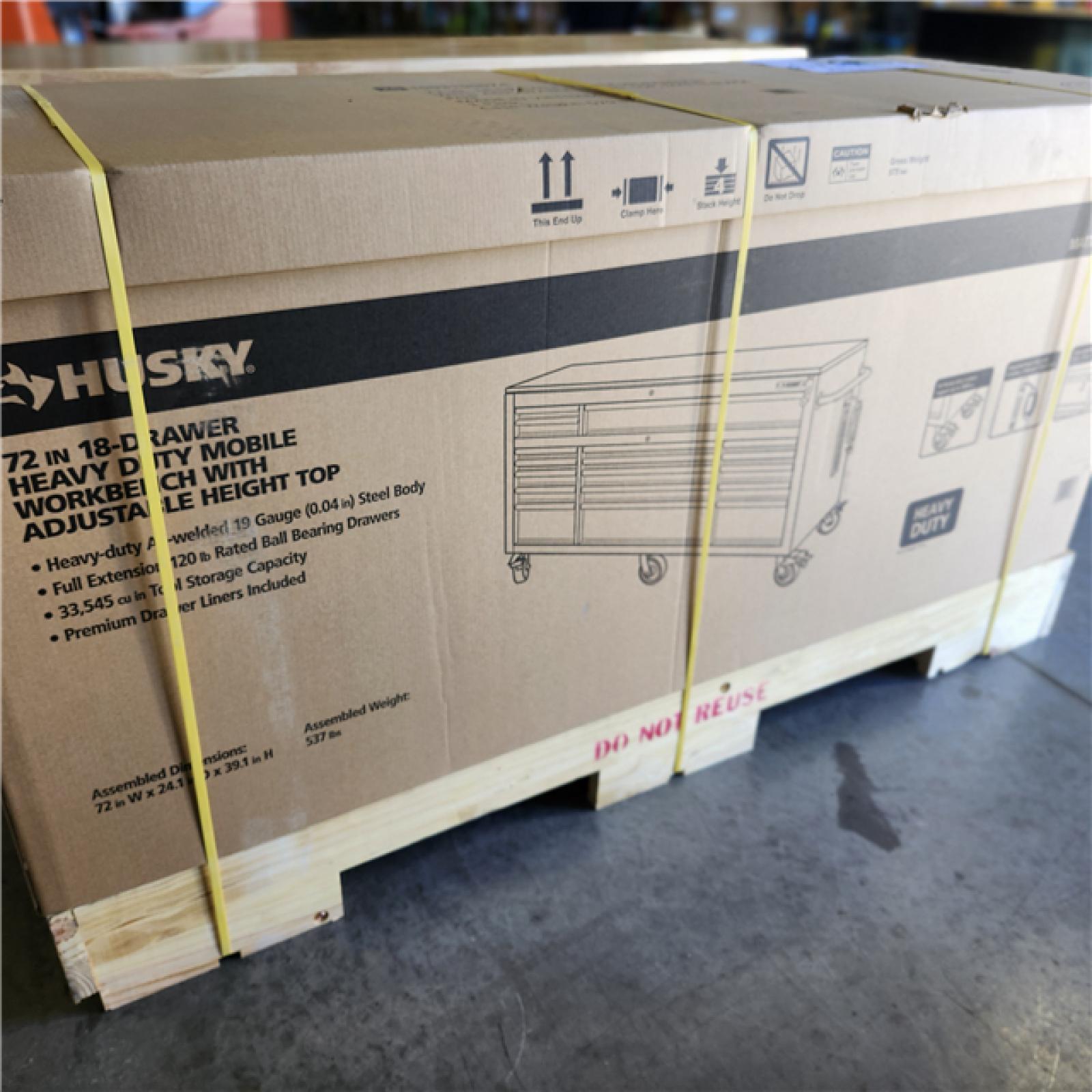 DALLAS LOCATION- Husky 72 in. W x 24 in. D Heavy Duty 18-Drawer Mobile Workbench Cabinet with Adjustable-Height Hardwood Top in Matte Black