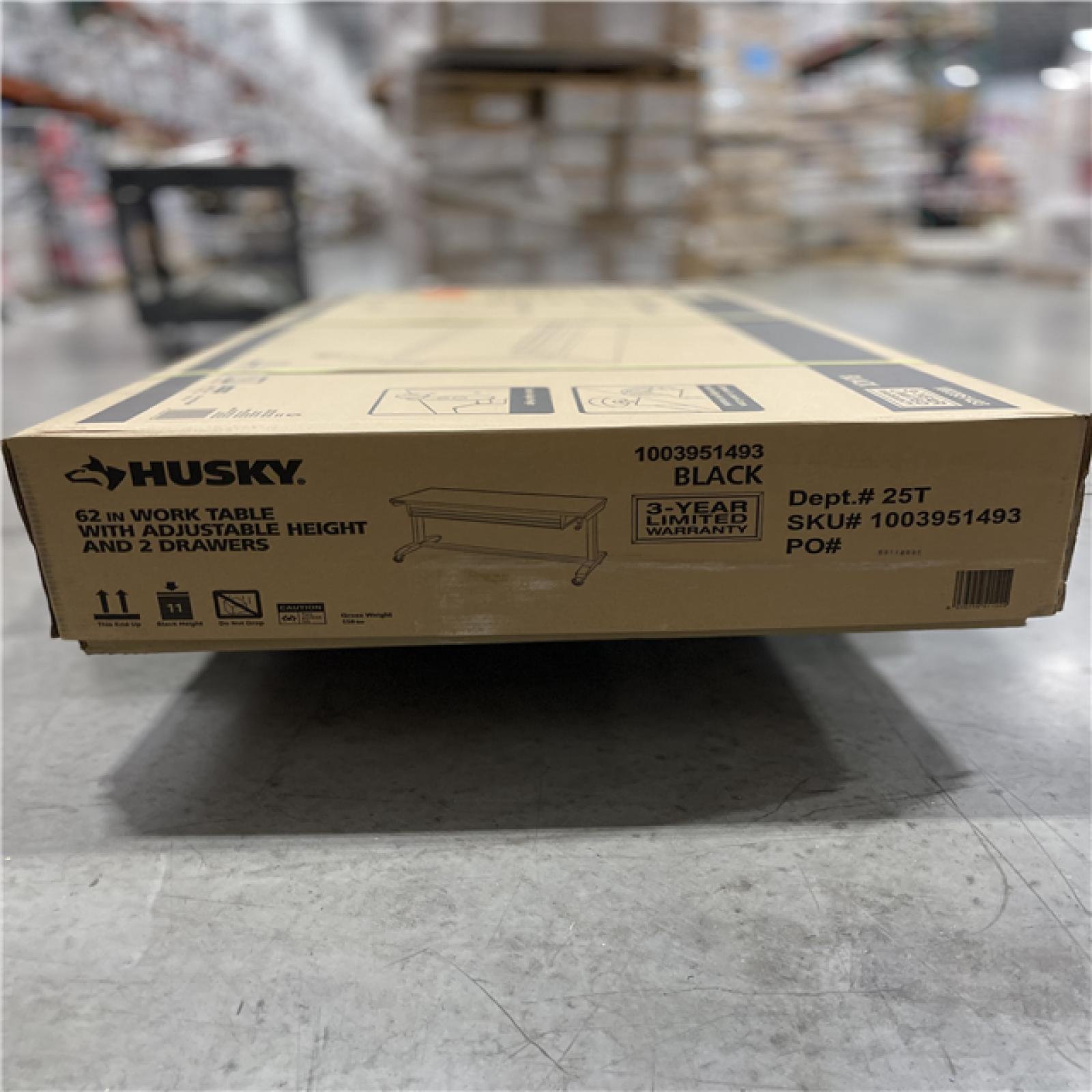 DALLAS LOCATION -Husky 62 in. W x 24 in. D 2-Drawer Adjustable Height Black Workbench Table with Solid Wood Top