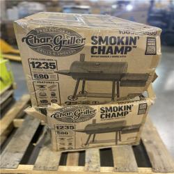DALLAS LOCATION - Char-Griller Smokin' Champ Charcoal Grill Offset Smoker in Black with Charcoal Tray and Dual Damper Controls 2 UNITS