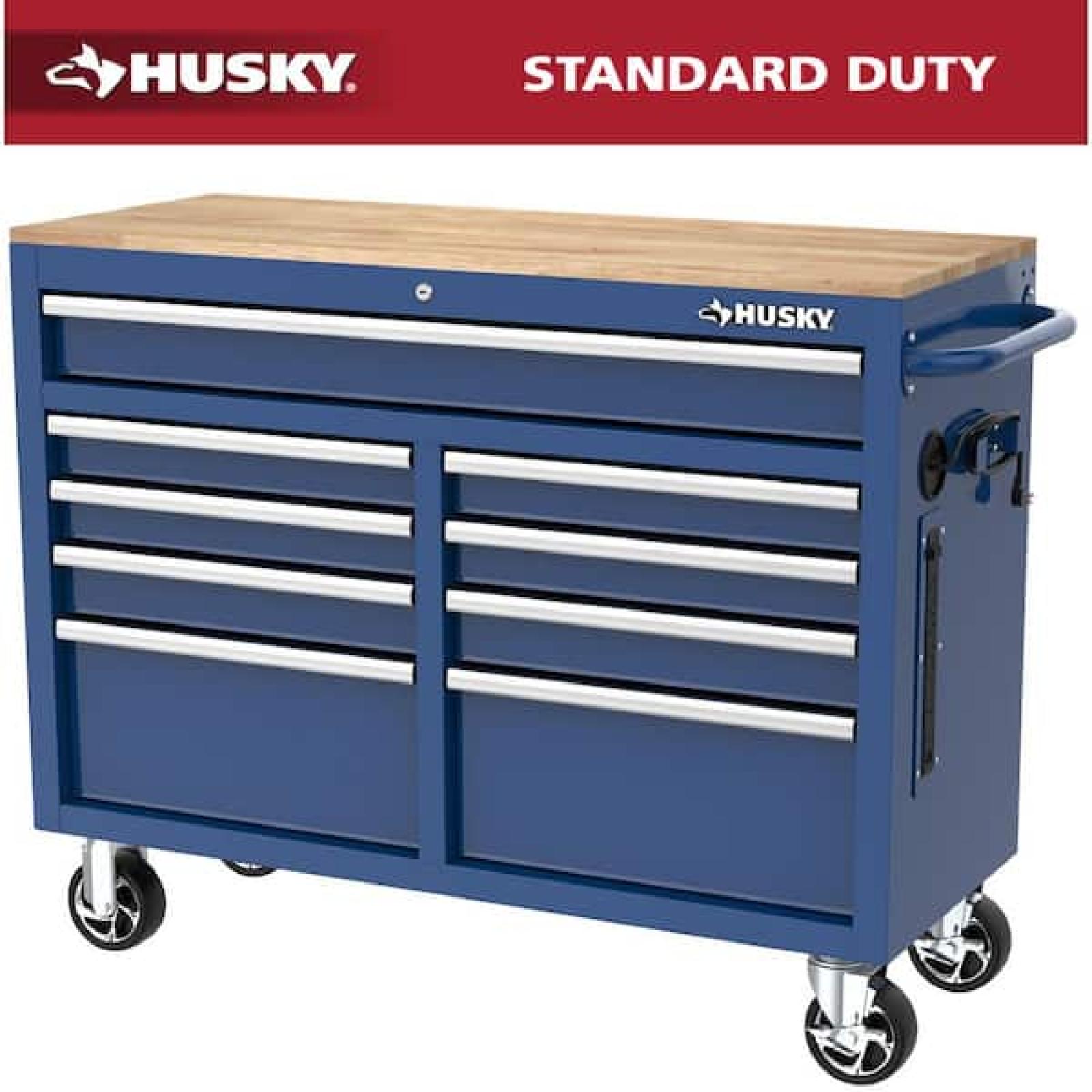 Phoenix SEALED Husky Tool Storage 46 in. W x 18 in. D 9-Drawer Gloss Blue Mobile Workbench Cabinet