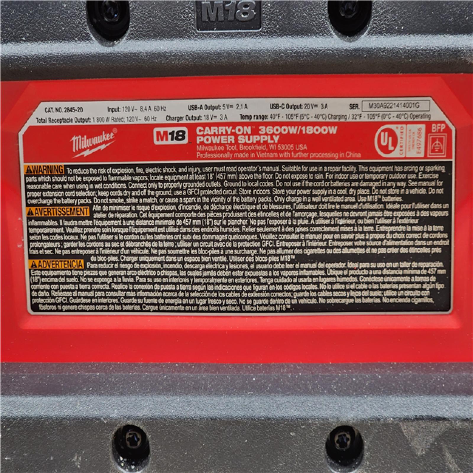 HOUSTON LOCATION - AS-IS Milwaukee M18 Cordless 3600-Watt/1800-Watt Battery Powered Power Supply (Tool Only)