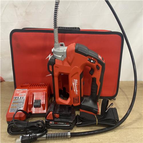 as-is Milwaukee 18V Lithium-Ion Cordless Grease Gun Kit 2-Speed with (1) 1.5Ah Batteries  Charger  Tool Bag