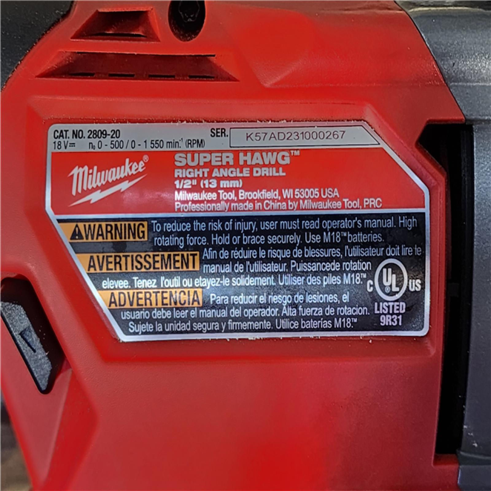 HOUSTON LOCATION - AS-IS Milwaukee M18 18V Fuel 1/2 Right Angle Drill Super Hawg Cordless Lithium-Ion 2809-20
