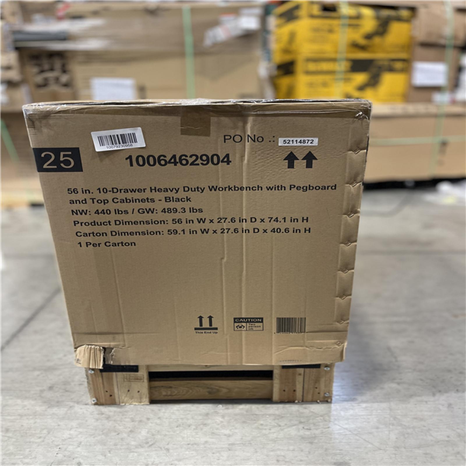 DALLAS LOCATION - Husky 56 in. W x 27.6 in. D 10-Drawer Matte Black Heavy-Duty Mobile Workbench with Pegboard and Top Cabinets