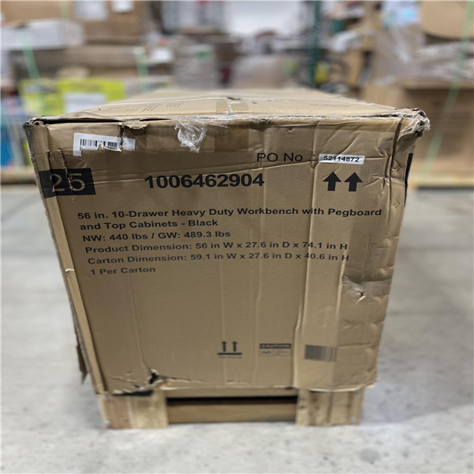 DALLAS LOCATION - Husky 56 in. W x 27.6 in. D 10-Drawer Matte Black Heavy-Duty Mobile Workbench with Pegboard and Top Cabinets