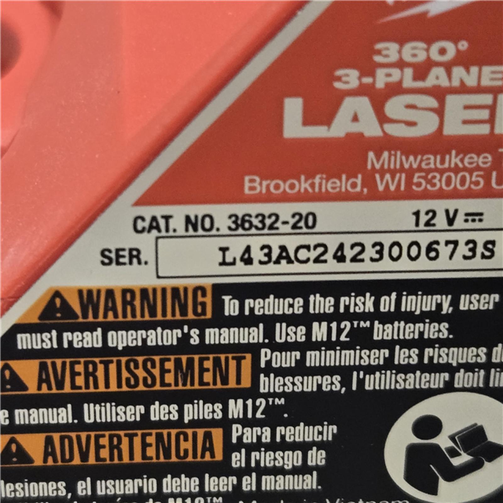 AS-IS Milwaukee-3632-21 M12 Green Beam Laser 360° 3-Plane Kit