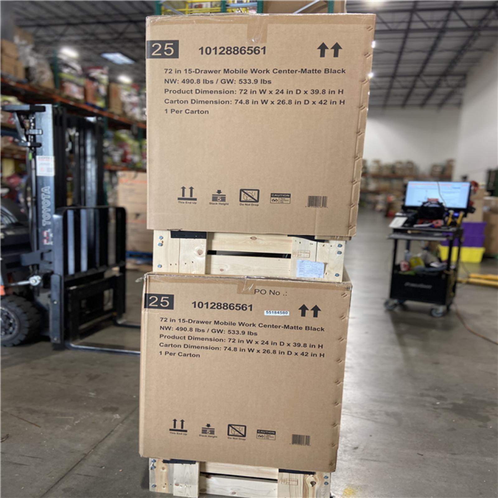 DALLAS LOCATION - Husky Heavy-Duty 72 in. W x 24 in. D 15-Drawer Matte Black Mobile Workbench Cabinet with Solid Wood Top (2 UNITS)