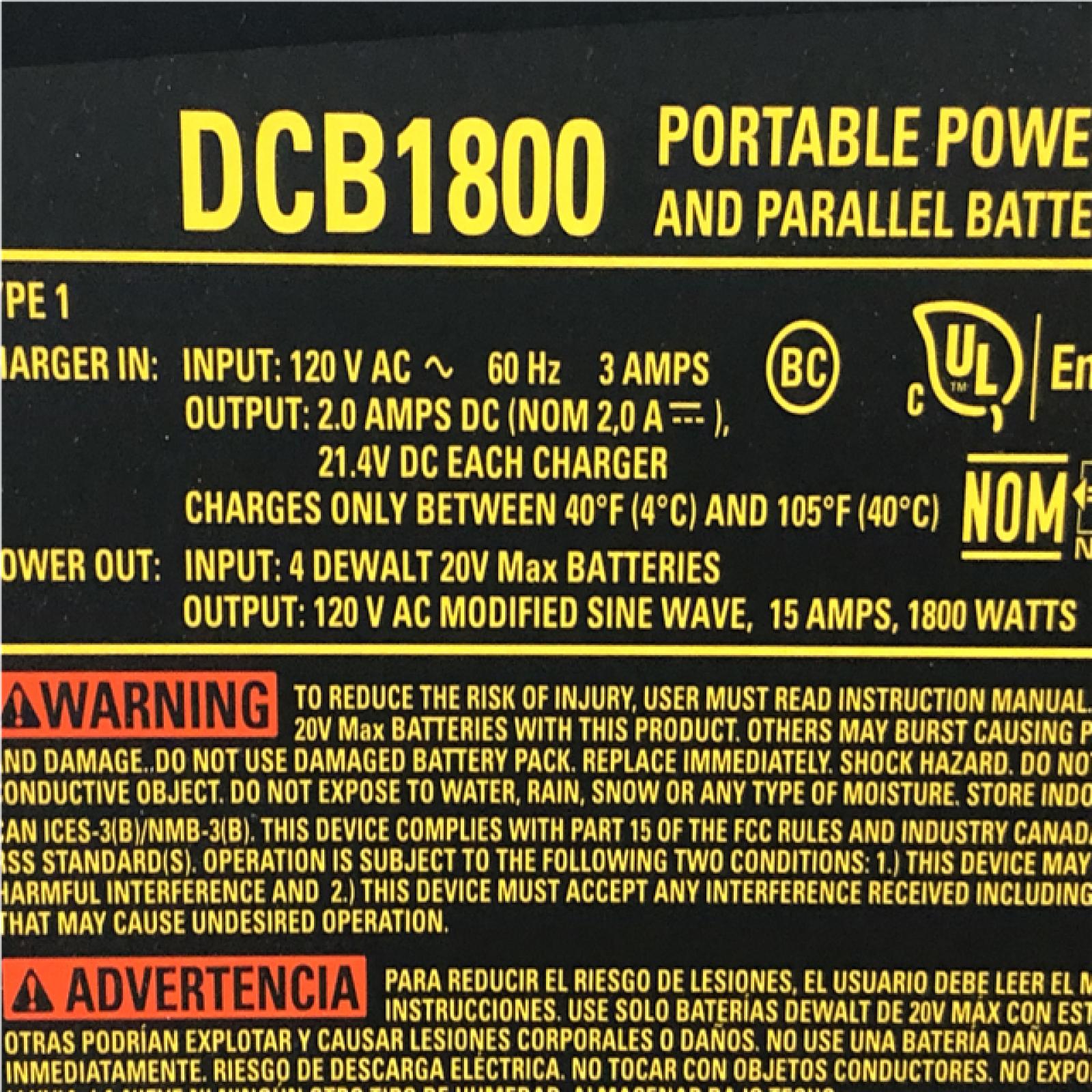 AS-IS DEWALT 1800 Watt Portable Power Station and 20V/60V MAX Lithium-Ion Battery Charger