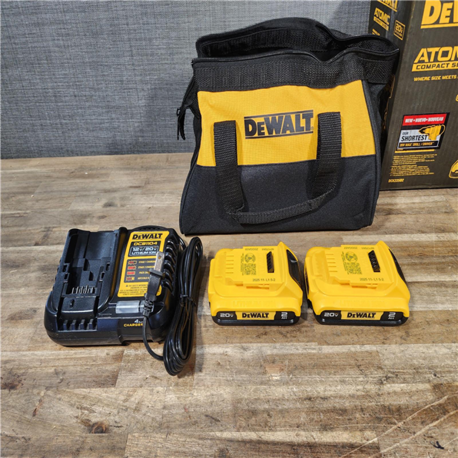 HOUSTON LOCATION - AS-IS Dewalt DCK225D2 20V MAX ATOMIC Brushless Compact Lithium-Ion 1/2 in. Cordless Drill Driver and 1/4 in. Impact Driver Combo Kit with 2 Batteries 2 Ah